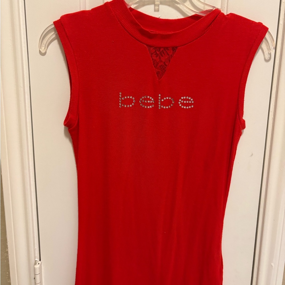 Bebe Vibrant Red Sleeveless Top with Rhinestone Logo